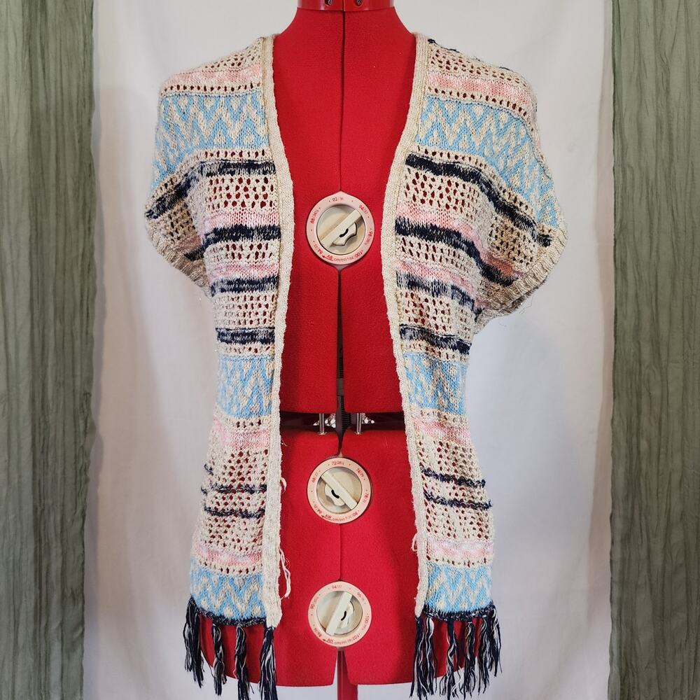 Justice Brown Open Weave Tassles‎ Gold Metallic Thread Boho Cardigan Size 8/10